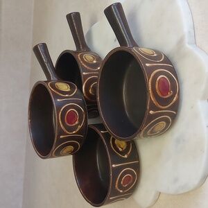 Vintage set of 4 hand painted pottery handled soup bowls made in JAPAN